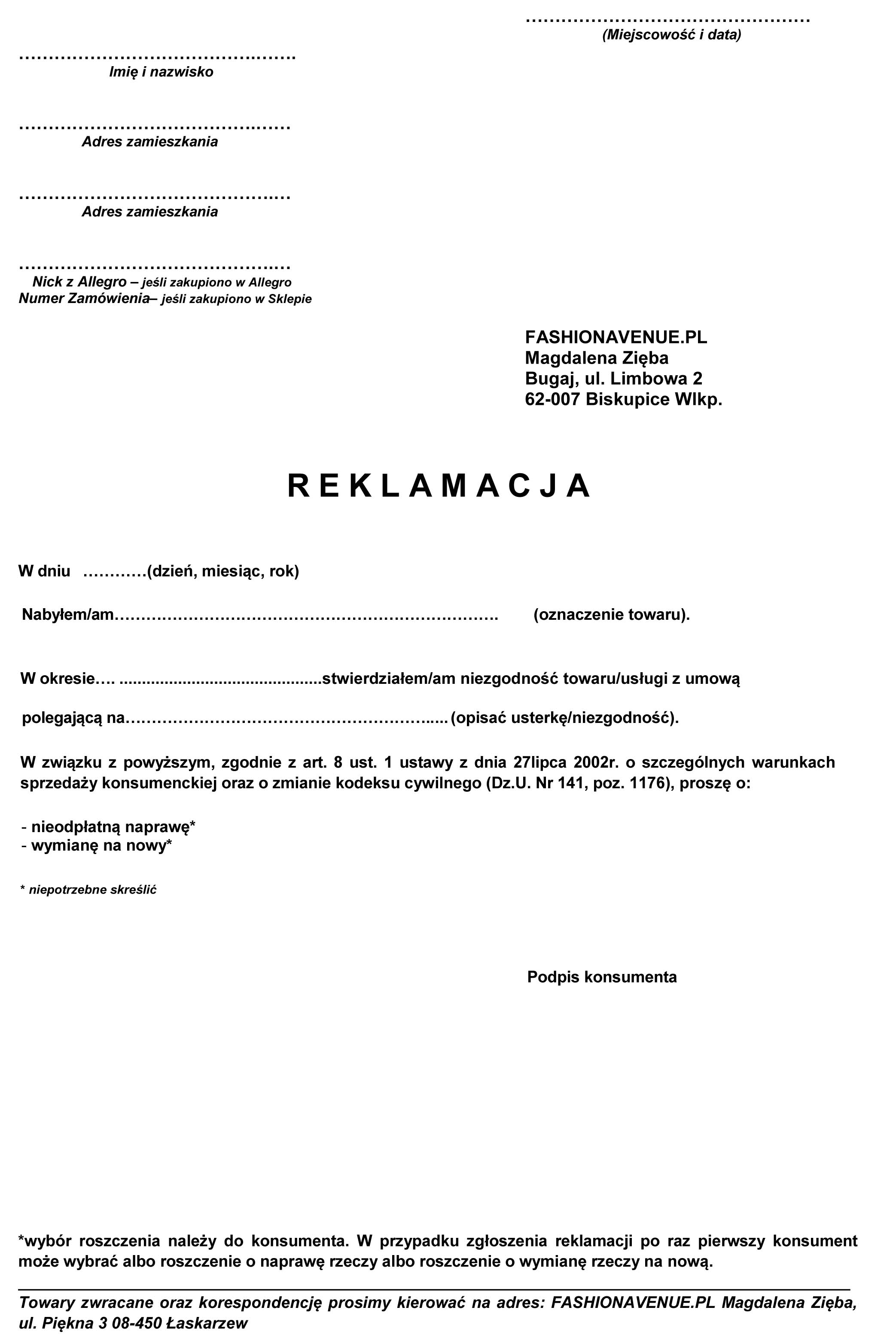 Reklamacje FASHIONAVENUE PL Reklamacje FASHIONAVENUE PL