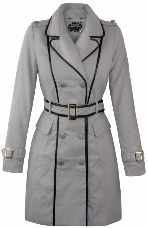 Modny Prosty Klasyczny Trencz Dwurzędowy Płaszcz Damski Zapinany na  Guziki i Pasek z Kołnierzem typu Ramoneska Obszyty skórzaną Lamówką na Wiosnę Jesień 2018 model #92 Promocja w sklepie FASHIONAVENUE.PL Wyprzedaż