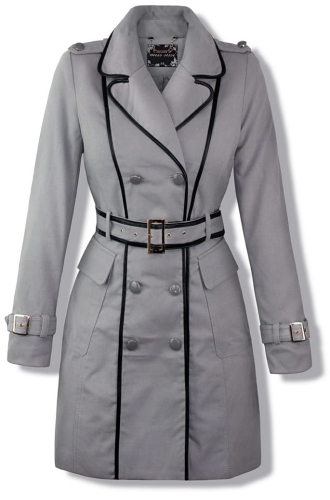 Modny Prosty Klasyczny Trencz Dwurzędowy Płaszcz Damski Zapinany na  Guziki i Pasek z Kołnierzem typu Ramoneska Obszyty skórzaną Lamówką na Wiosnę Jesień 2018 model #92 Promocja w sklepie FASHIONAVENUE.PL Wyprzedaż