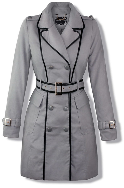 Modny Prosty Klasyczny Trencz Dwurzędowy Płaszcz Damski Zapinany na  Guziki i Pasek z Kołnierzem typu Ramoneska Obszyty skórzaną Lamówką na Wiosnę Jesień 2018 model #92 Promocja w sklepie FASHIONAVENUE.PL Wyprzedaż