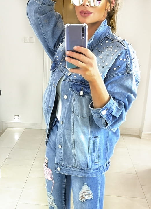 Modna Kurtka Damska Jeansowa Perełki Wiosna Lato Jesień model #707-1 sklep FASHIONAVENUE.PL Promocja