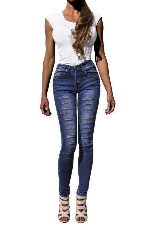 Modne Spodnie Damskie Jeans Mamuśki Wysoki Stan Rurki Cięte Strzępione Dziury Wyszczuplające Kobiece  Wiosna Lato Jesień model #S2572 FASHIONAVENUE.PL Promocja