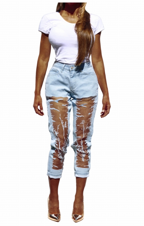 Modne Spodnie Damskie DOYFRIEND Jeans Denim  Tiul Dziury Wysoki Stan  Wiosna Lato Jesień model LG196 FASHIONAVENUE.PL Promocja