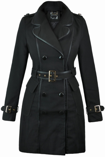 Modny Prosty Klasyczny Trencz Dwurzędowy Płaszcz Damski Zapinany na  Guziki i Pasek z Kołnierzem typu Ramoneska Obszyty skórzaną Lamówką na Wiosnę Jesień 2018 model #92 Promocja w sklepie FASHIONAVENUE.PL Wyprzedaż
