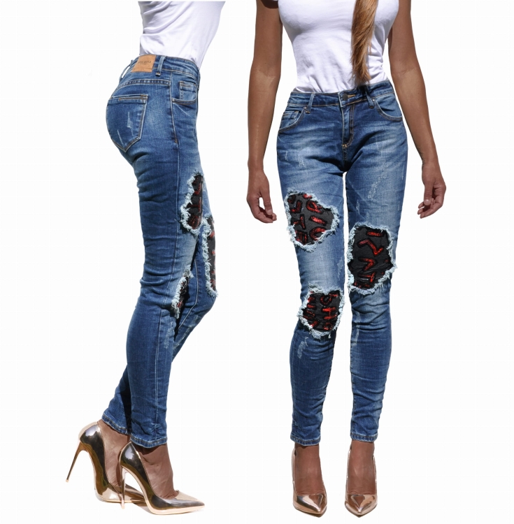 Modne Spodnie Damskie Jeans Rurki Dziury  Tiul Cekiny Wyszczuplające Kobiece Wiosna Lato Jesień model #CD13 FASHIONAVENUE.PL Promocja