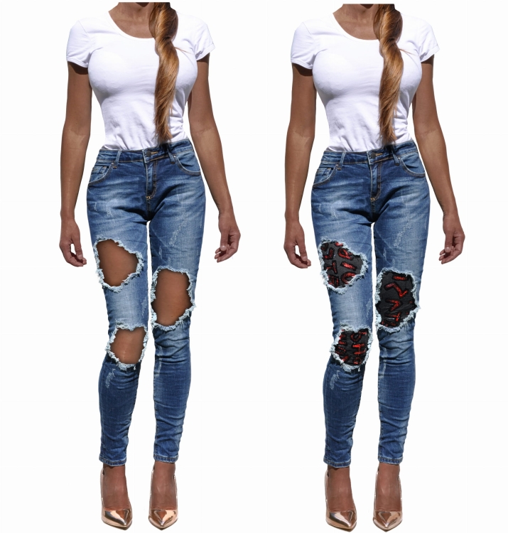 Modne Spodnie Damskie Jeans Rurki Dziury  Tiul Cekiny Wyszczuplające Kobiece Wiosna Lato Jesień model #CD13 FASHIONAVENUE.PL Promocja