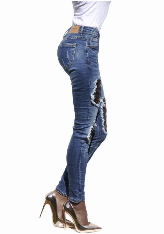 Modne Spodnie Damskie Jeans Rurki Dziury  Tiul Cekiny Wyszczuplające Kobiece Wiosna Lato Jesień model #CD13 FASHIONAVENUE.PL Promocja