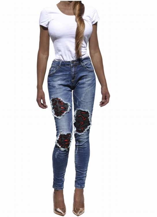 Modne Spodnie Damskie Jeans Rurki Dziury  Tiul Cekiny Wyszczuplające Kobiece Wiosna Lato Jesień model #CD13 FASHIONAVENUE.PL Promocja