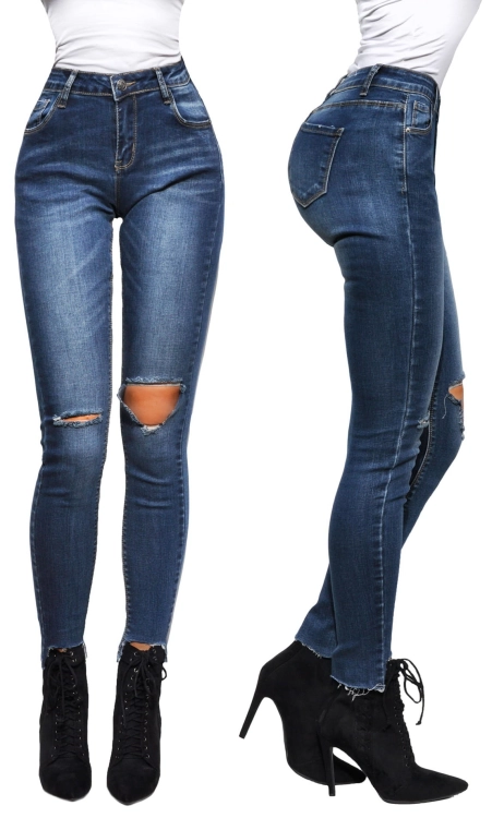 Modne Spodnie Damskie Jeans Denim Dopasowane Rurki Dziury Wiosna Lato Jesień model #M811 FASHIONAVENUE.PL Promocja