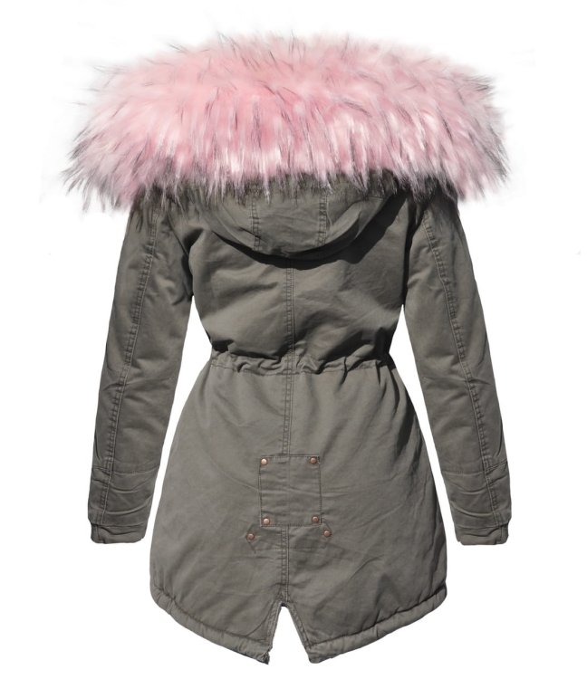 Modna Kurtka Damska Parka Zimowa Khaki Militarna Kaptur Futerko Różowe Hit na Wiosnę Jesień Zimę model #D216 Promocja w sklepie FASHIONAVENUE.PL