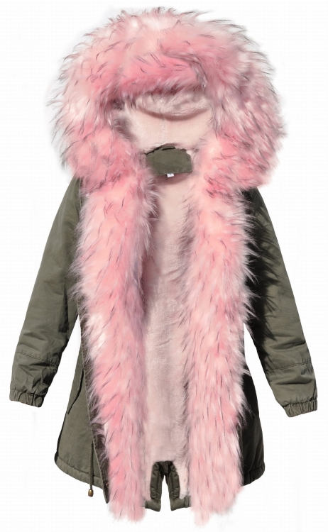 Modna Kurtka Damska Parka Zimowa Khaki Militarna Kaptur Futerko Różowe Hit na Wiosnę Jesień Zimę model #D216 Promocja w sklepie FASHIONAVENUE.PL