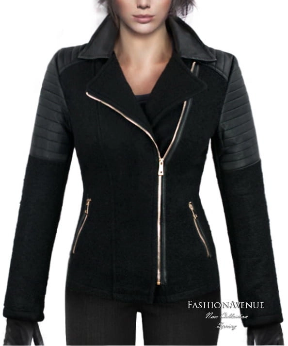 kurtka damska wiosenna typu ramoneska wełna boucle bicker zapinana na zamek skórzane rękawy model #88 w sklepie fashionavenue.pl