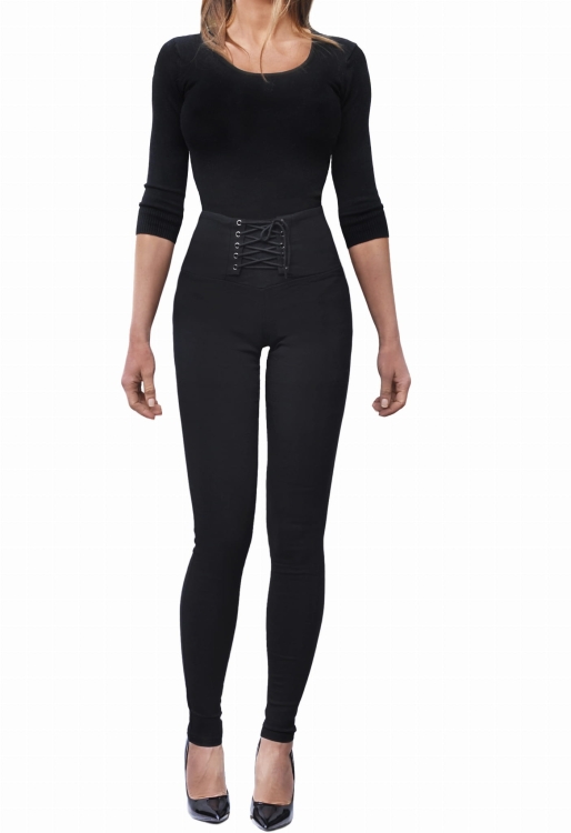 Spodnie Damskie z Gorsetem Ocieplane Dopasowane Rurki Kobiece Czarne model #F2201 na Wiosnę Lato Jesień Zimę w sklepie FASHIONAVENUE.PL