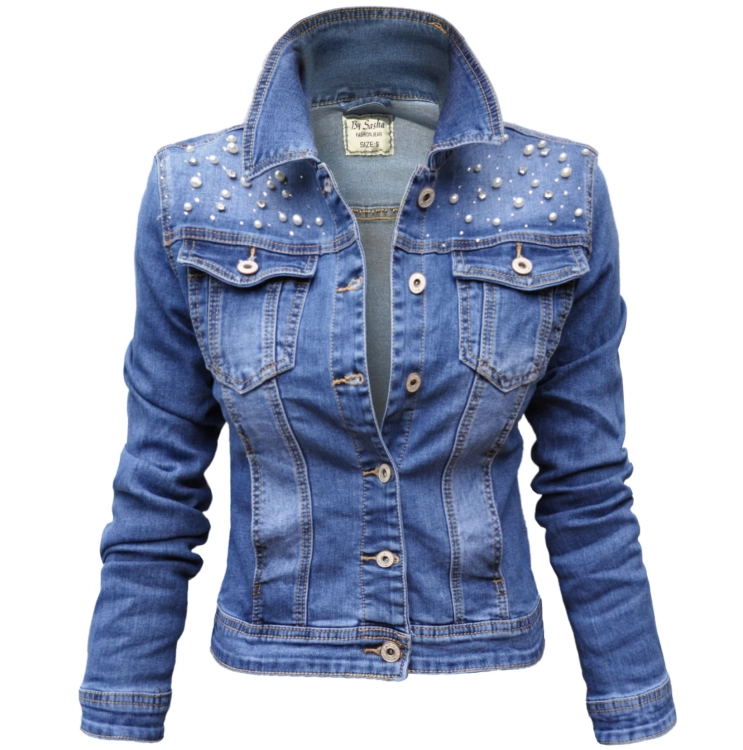 Modna Kurtka Damska Jeans Katana Jeansowa z Perełkami Wiosna Lato Jesień model #S2209 sklep FASHIONAVENUE.PL Promocja