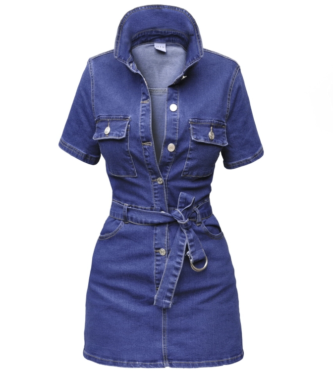 Modna Sukienka Jeansowa Szmizjerka Denim na Guziki z Kieszeniami Wiosna Lato Jesień model #JS706 Promocja w Sklepie FASHIONAVENUE.PL