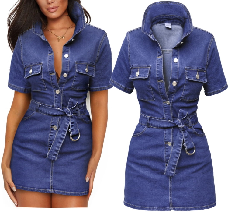 Modna Sukienka Jeansowa Szmizjerka Denim na Guziki z Kieszeniami Wiosna Lato Jesień model #JS706 Promocja w Sklepie FASHIONAVENUE.PL