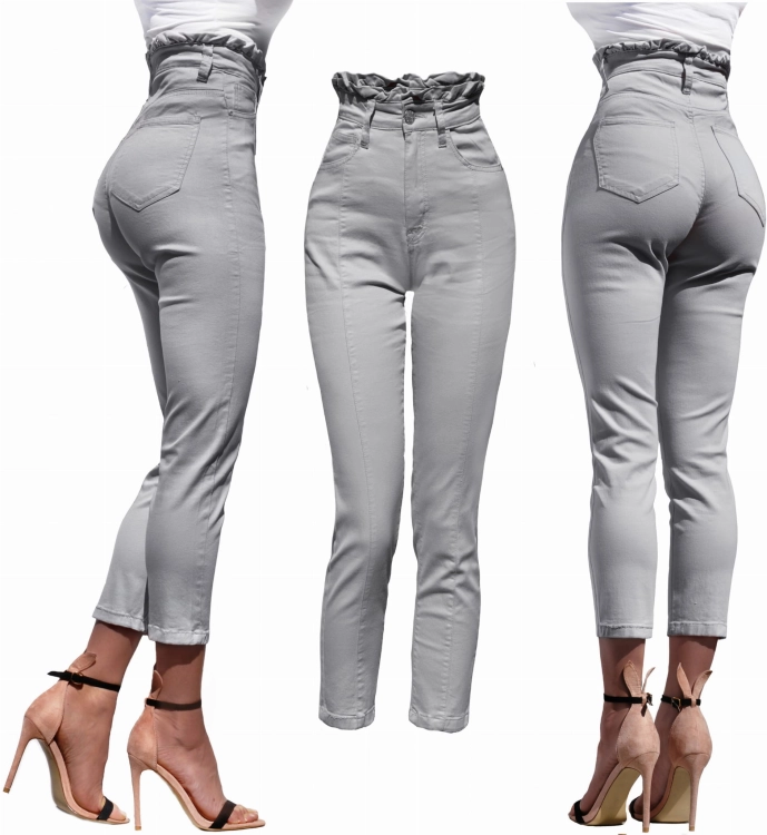 Spodnie Damskie Jeans Elastyczny Denim Szare Wysoki Stan z Falbaną Rurki Kobiece model #433 na Wiosnę Lato Jesień Zimę w sklepie FASHIONAVENUE.PL