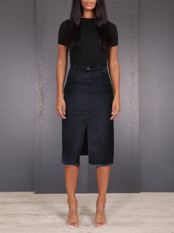 Modna Spódnica Jeans Denim Ołówkowa z Rozcięciem i Kieszeniami Wyjasniana Wiosna Lato Jesień model #03781 Promocja w Sklepie FASHIONAVENUE.PL