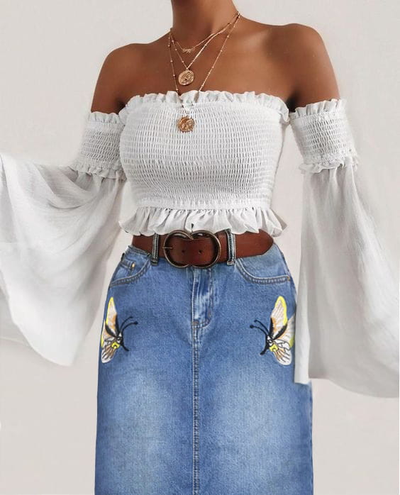 Modna Spódnica Jeans Denim z Motylkami  Rozcięciem Kieszeniami Wyjasniana Wiosna Lato Jesień model #E1158 Promocja w Sklepie FASHIONAVENUE.PL