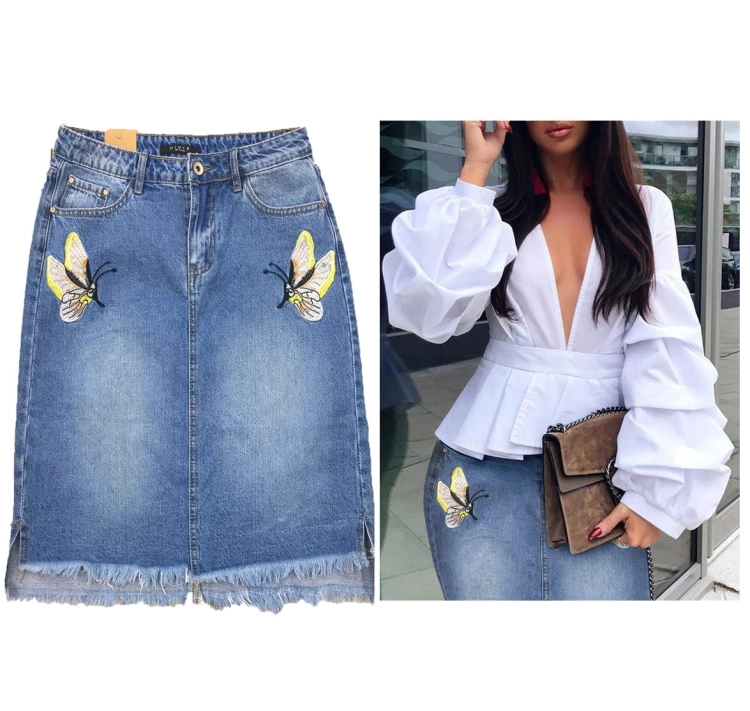 Modna Spódnica Jeans Denim z Motylkami  Rozcięciem Kieszeniami Wyjasniana Wiosna Lato Jesień model #E1158 Promocja w Sklepie FASHIONAVENUE.PL