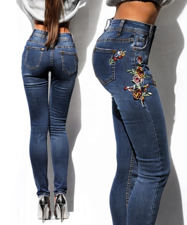 Modne Spodnie Damskie Jeans Denim Dopasowane z Haftem Wiosna Lato Jesień model #RE026 FASHIONAVENUE.PL Promocja