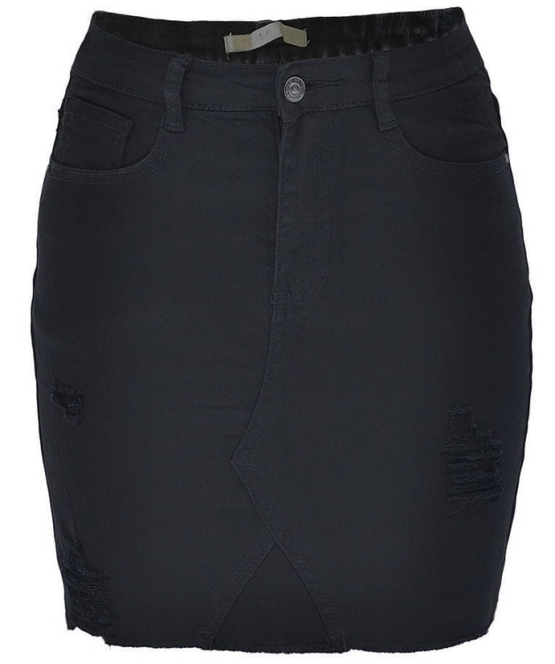 Modna Spódnica Jeansowa Jeans Denim Czarna z Przetarciami i Kieszeniami Strzępiona  Wiosna Lato Jesień model #JS776 Promocja w Sklepie FASHIONAVENUE.PL