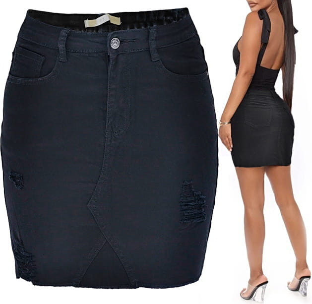 Modna Spódnica Jeansowa Jeans Denim Czarna z Przetarciami i Kieszeniami Strzępiona  Wiosna Lato Jesień model #JS776 Promocja w Sklepie FASHIONAVENUE.PL