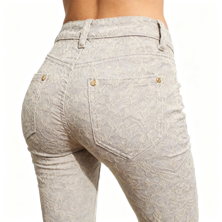 Spodnie Skinny Rurki Elegancki Wzór Koronka Beżowe #RE274 FASHIONAVENUE.PL