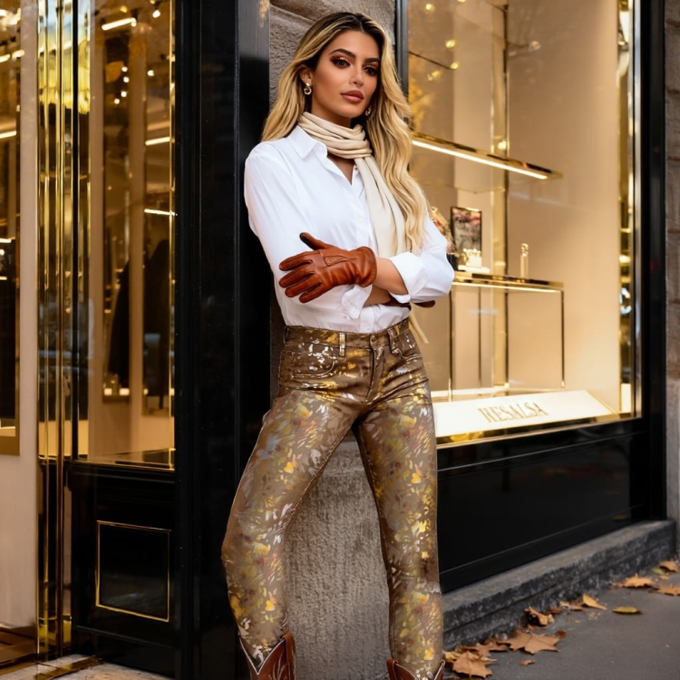 Spodnie Rurki z Metalicznym Wzorem w Odcieniach Złota #RE371 FASHIONAVENUE.PL