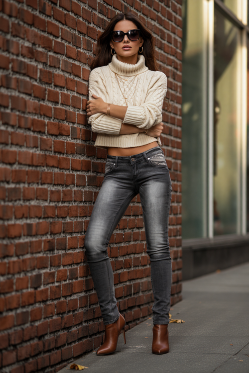 Spodnie Damskie Jeans Denim RURKI Kobiece Szare w Azteckie Wzory model #421 na Wiosnę Lato Jesień Zimę w sklepie FASHIONAVENUE.PL