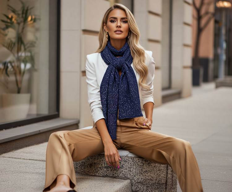 Elegancki Granatowy Szal z Wełną o Strukturze Melange FA1228 FASHIONAVENUE.PL