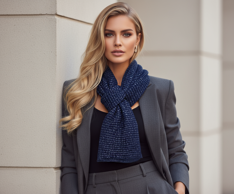 Elegancki Granatowy Szal z Wełną o Strukturze Melange FA1228 FASHIONAVENUE.PL