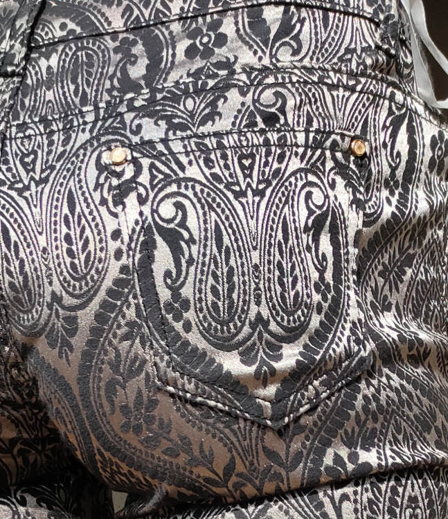 Srebrne Spodnie Czarne Ornament Błyszczące Glamour #RE267  FASHIONAVENUE.PL