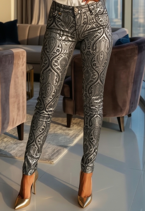 Srebrne Spodnie Czarne Ornament Błyszczące Glamour #RE267  FASHIONAVENUE.PL