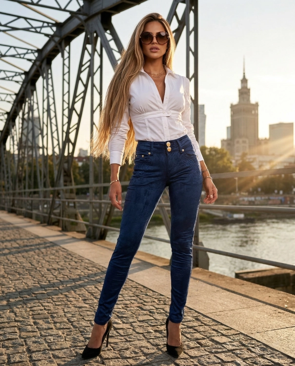 Aksamitne Spodnie Damskie Granat Złote Guziki Haft #RD1750 FASHIONAVENUE.PL