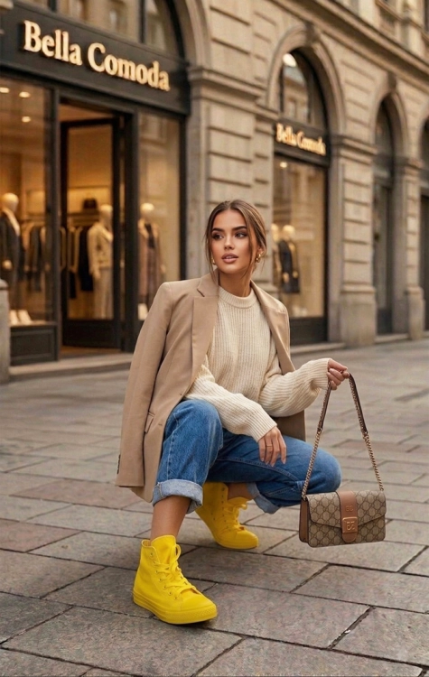 Klasyczne Żółte Trampki Tenisówki Wysokie Materiałowe z Wywietrznikam Wiązane FASHIONAVENUE.PL