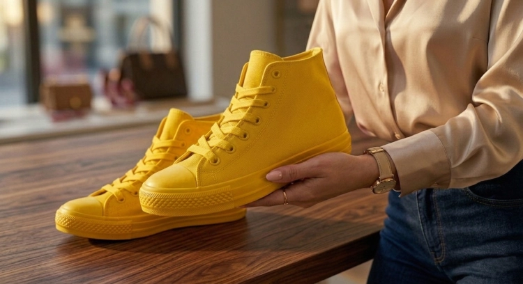 Klasyczne Żółte Trampki Tenisówki Wysokie Materiałowe z Wywietrznikam Wiązane FASHIONAVENUE.PL