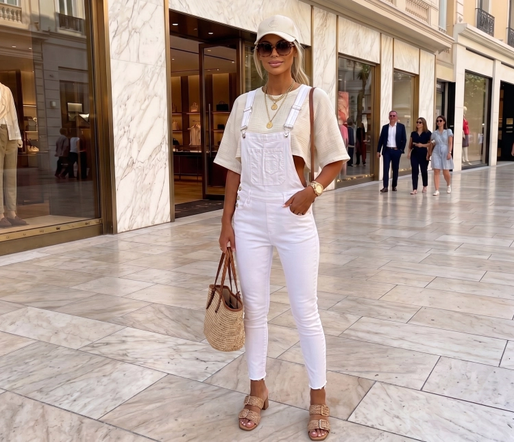 Białe Ogrodniczki Jeansowe Damskie Strzępione Nogawki Szelki Klamry Podwójna Kieszeń #D2932-1 FASHIONAVENUE.PL