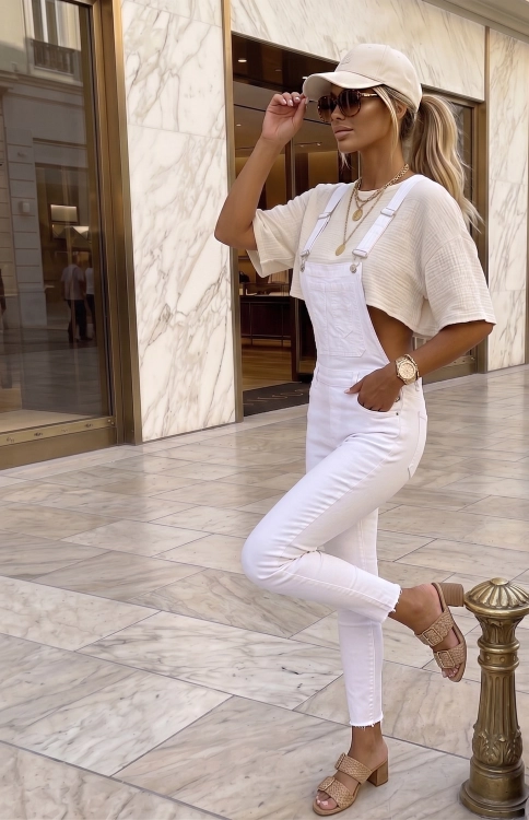 Białe Ogrodniczki Jeansowe Damskie Strzępione Nogawki Szelki Klamry Podwójna Kieszeń #D2932-1 FASHIONAVENUE.PL