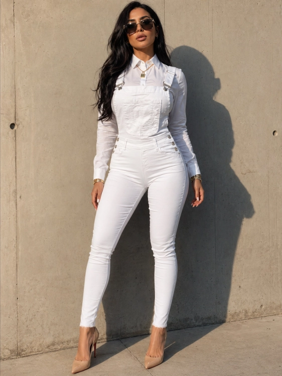 Białe Ogrodniczki Jeansowe Damskie Strzępione Nogawki Szelki Klamry Podwójna Kieszeń #D2932-1 FASHIONAVENUE.PL