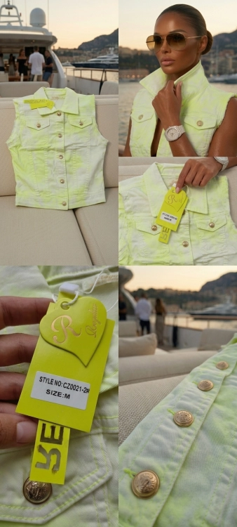 Neonowa Kamizelka Jeansowa Limonka Acid Wash Marmurek Złote Guziki #CZ0021-2 FASHIONAVENUE.PL
