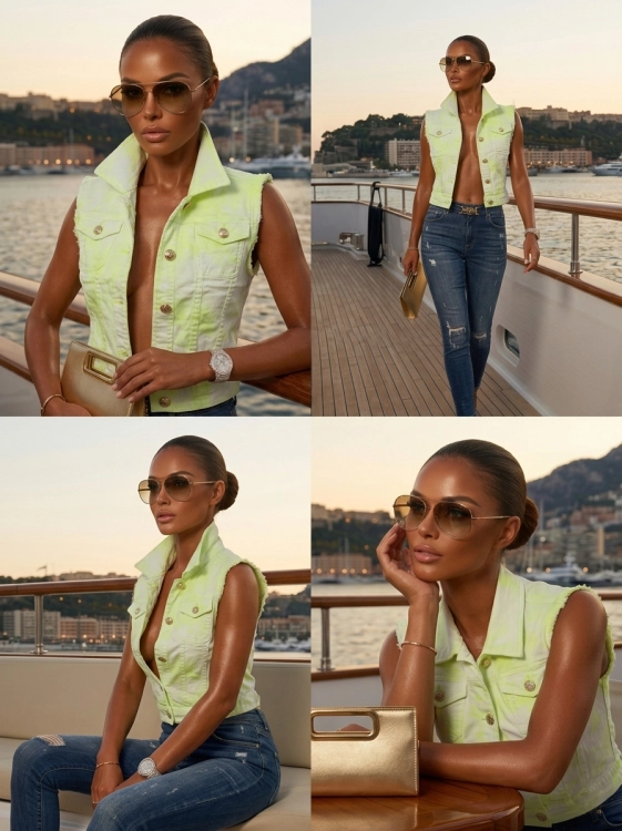 Neonowa Kamizelka Jeansowa Limonka Acid Wash Marmurek Złote Guziki #CZ0021-2 FASHIONAVENUE.PL