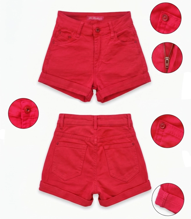 Eleganckie Krótkie Spodenki Jeansowe Wysoki Stan Czerwone Szorty W5214-69 FASHIONAVENUE.PL