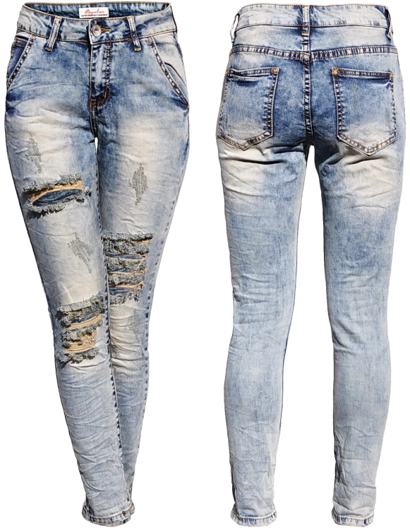 Spodnie Damskie Jeans Slim-Fit SKINNY Przecierane Dekatyzowane Dziury Stan Normalny model #S004 na Wiosnę Lato Jesień Zimę w sklepie FASHIONAVENUE.PL 