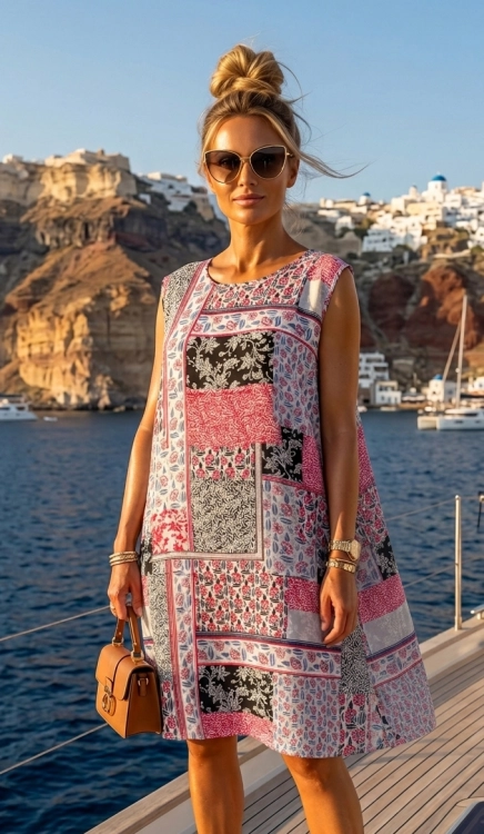 Luźna Wzorzysta Sukienka Letnia Prosta Wzory Boho Etno Patchwork Różowa #FW262-9 FASHIONAVENUE.PL