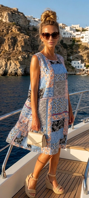 Luźna Wzorzysta Sukienka Letnia Prosta Wzory Boho Etno Patchwork Niebieska #FW262-9 FASHIONAVENUE.PL