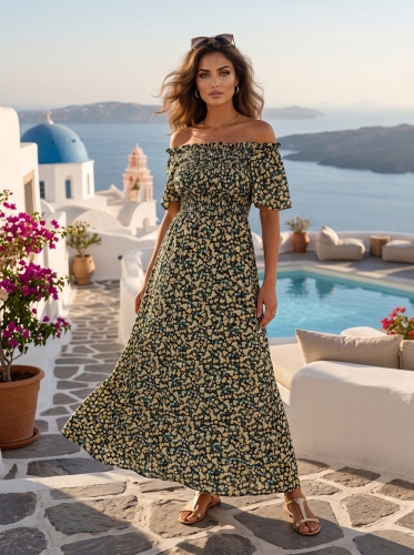 Zwiewna Sukienka Hiszpanka Marszczona Kwiaty Łączka Ściągacz Czarna #Q718 FASHIONAVENUE.PL