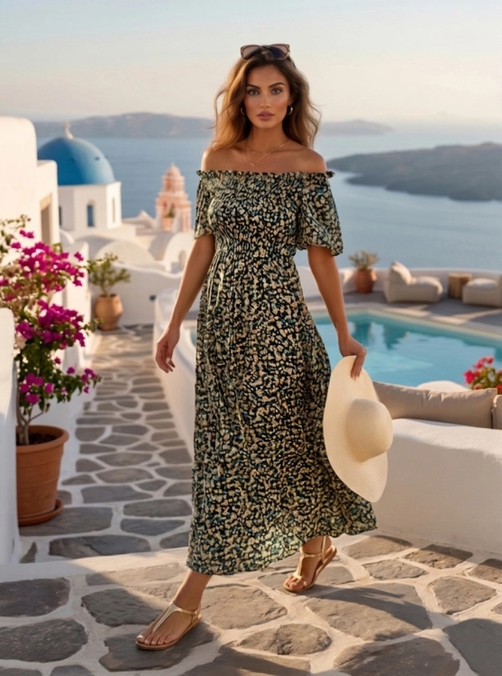 Zwiewna Sukienka Hiszpanka Marszczona Kwiaty Łączka Ściągacz Czarna #Q718 FASHIONAVENUE.PL