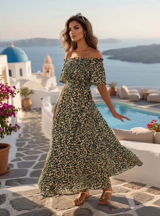 Zwiewna Sukienka Hiszpanka Marszczona Kwiaty Łączka Ściągacz Czarna #Q718 FASHIONAVENUE.PL
