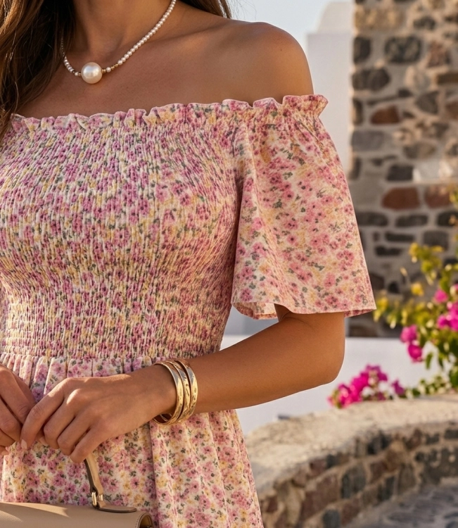 Zwiewna Sukienka Hiszpanka Marszczona Kwiaty Łączka Ściągacz Morelowa #Q718 FASHIONAVENUE.PL
